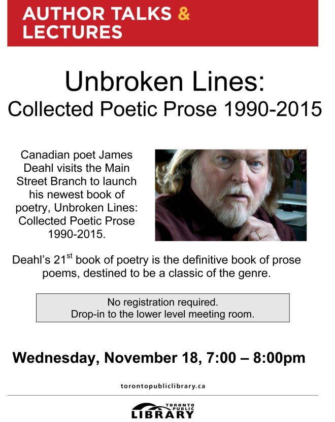 Sarnia poet James Deahl will be in Toronto Wednesday, November 18, 2015 to launch his latest book
