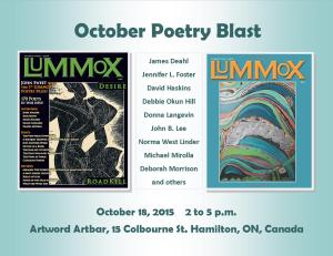 Nine Canadian contributors of the California-based LUMMOX anthologies will be featured Sunday, October 18 in Hamilton, ON, Canada