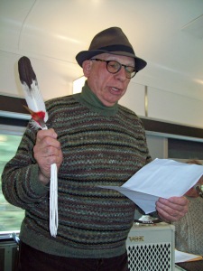 Kent Bowman, one of the key organizers behind the tour, is seen with the talking feather.